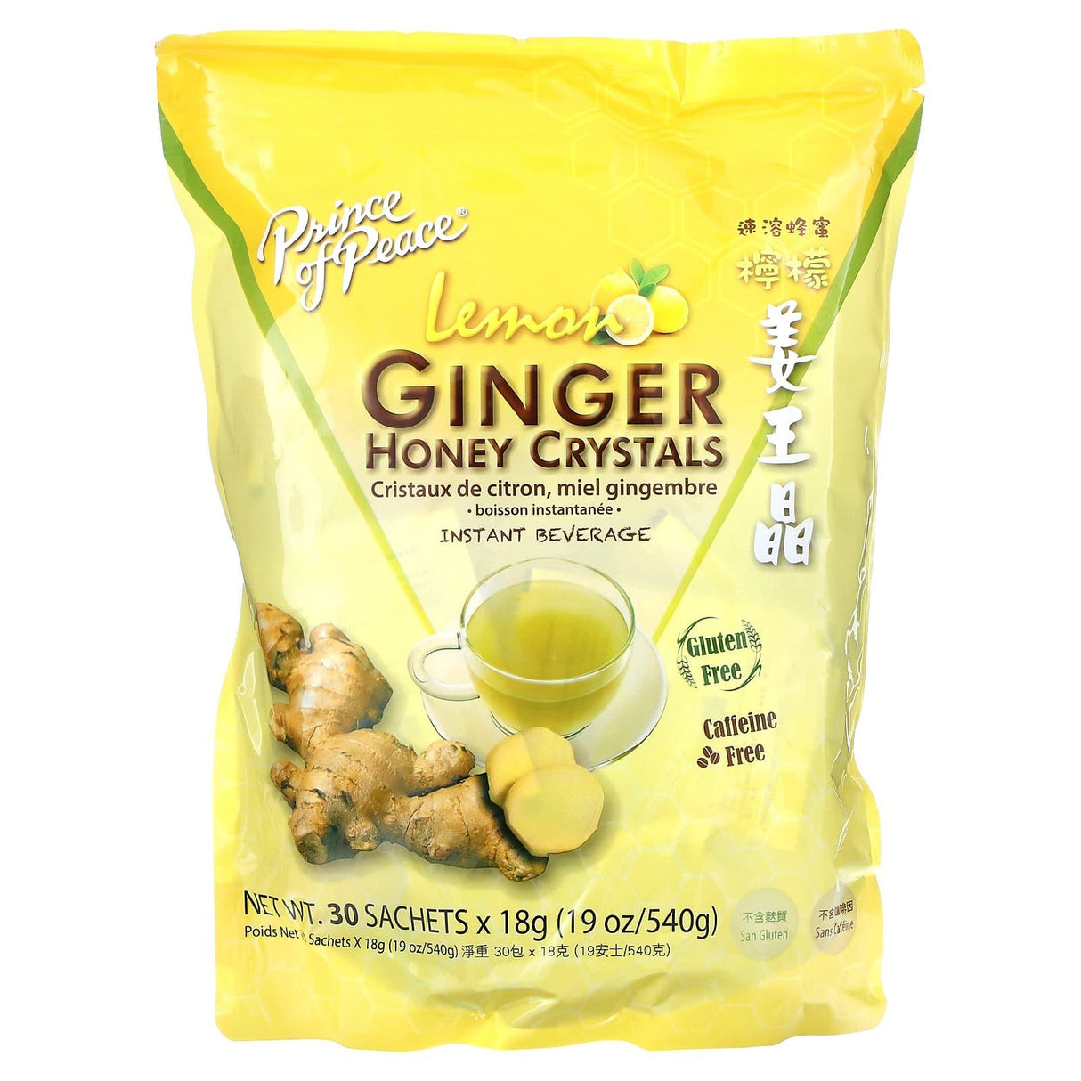 Prince of Peace, Ginger Honey Crystals, Lemon, Caffeine Free, 30 Sachets, 18 g Each - Supply Center USA