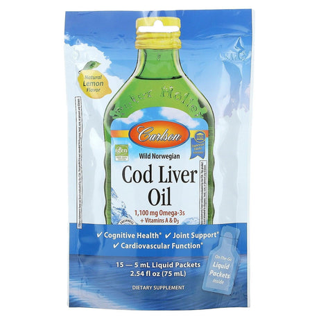 Carlson, Wild Norwegian Cod Liver Oil, Natural Lemon, 15 Liquid Packets, 0.17 fl oz (5 ml) Each - Supply Center USA