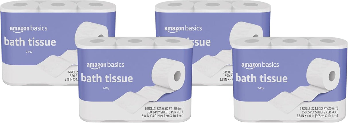 Amazon Basics 2-Ply Toilet Paper, 30 Rolls = 120 Regular Rolls, 350 Sheets, (Pack of 30), Unscented