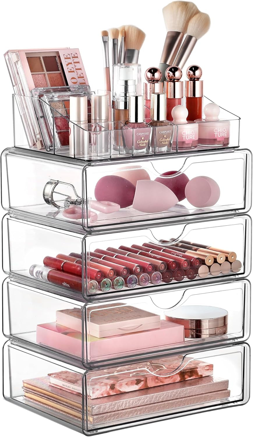 Vtopmart 3 Tier Clear Makeup Organizer with Drawer, Cosmetic Storage for Dresser Countertop and Bathroom Vanity, Beauty Holder for Lipstick Brush Skincare