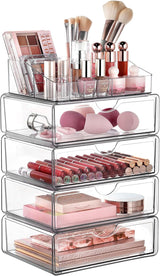 Vtopmart 3 Tier Clear Makeup Organizer with Drawer, Cosmetic Storage for Dresser Countertop and Bathroom Vanity, Beauty Holder for Lipstick Brush Skincare