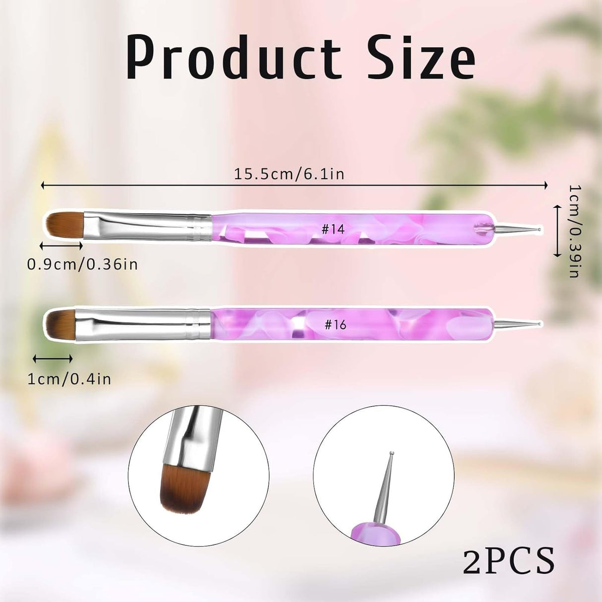 French Gel Acrylic Nail Art Brush & Dotting Tool, Premium 2 Way French Nail Art Kolinsky Brush for Professional Manicure Cuticle Clean up Nail Art Design French Tips Brushes (Size 14 & 16)
