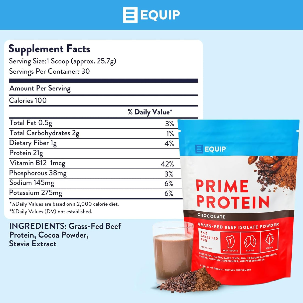Equip Foods Prime Protein Powder | Clean, Grass Fed Beef Protein Isolate | Carnivore Protein Powder | Paleo, Keto Friendly | Gluten, Dairy Free | Helps Build & Repair Tissue | 30 Servings, Chocolate
