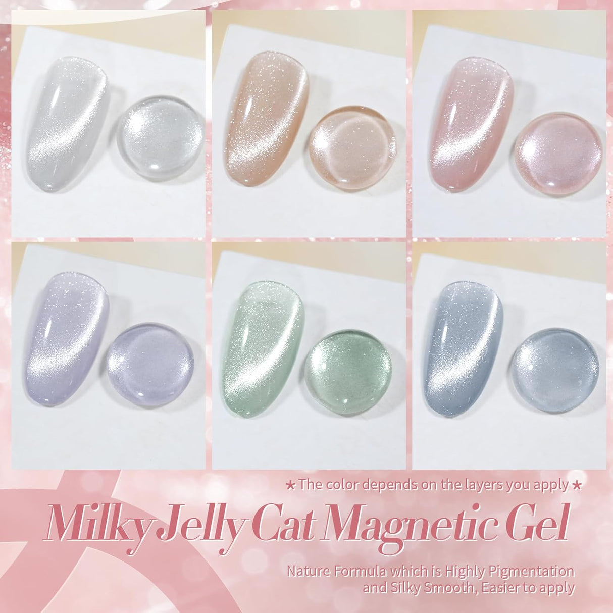 Born Pretty Cat Magnetic Eye Gel Nail Polish, Holographic Glitter Milky Jelly Cat Magnetic Gel Blue Green Purple Pink Nude Silver Nail Art Gel Manicure Salon DIY Gifts 7ML 6PCS