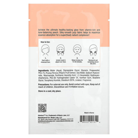 Idealove, Superfood Skin Savior, Pretty as a Peach, 1 Beauty Sheet Mask, 0.68 fl oz (20 ml) - Supply Center USA