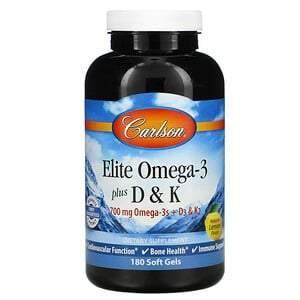 Carlson Labs, Elite Omega-3 Plus D & K, Natural Lemon Flavor, 180 Soft Gels - Supply Center USA