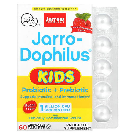 Jarrow Formulas, Jarro-Dophilus Kids, Probiotic + Prebiotic, Sugar Free, Natural Raspberry , 1 Billion CFU, 60 Chewable Tablets - Supply Center USA