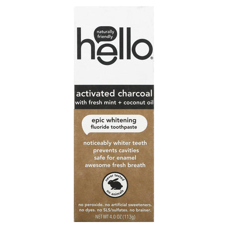 Hello, Activated Charcoal Epic Whitening Fluoride Toothpaste, Fresh Mint + Coconut Oil, 4 oz (113 g) - Supply Center USA