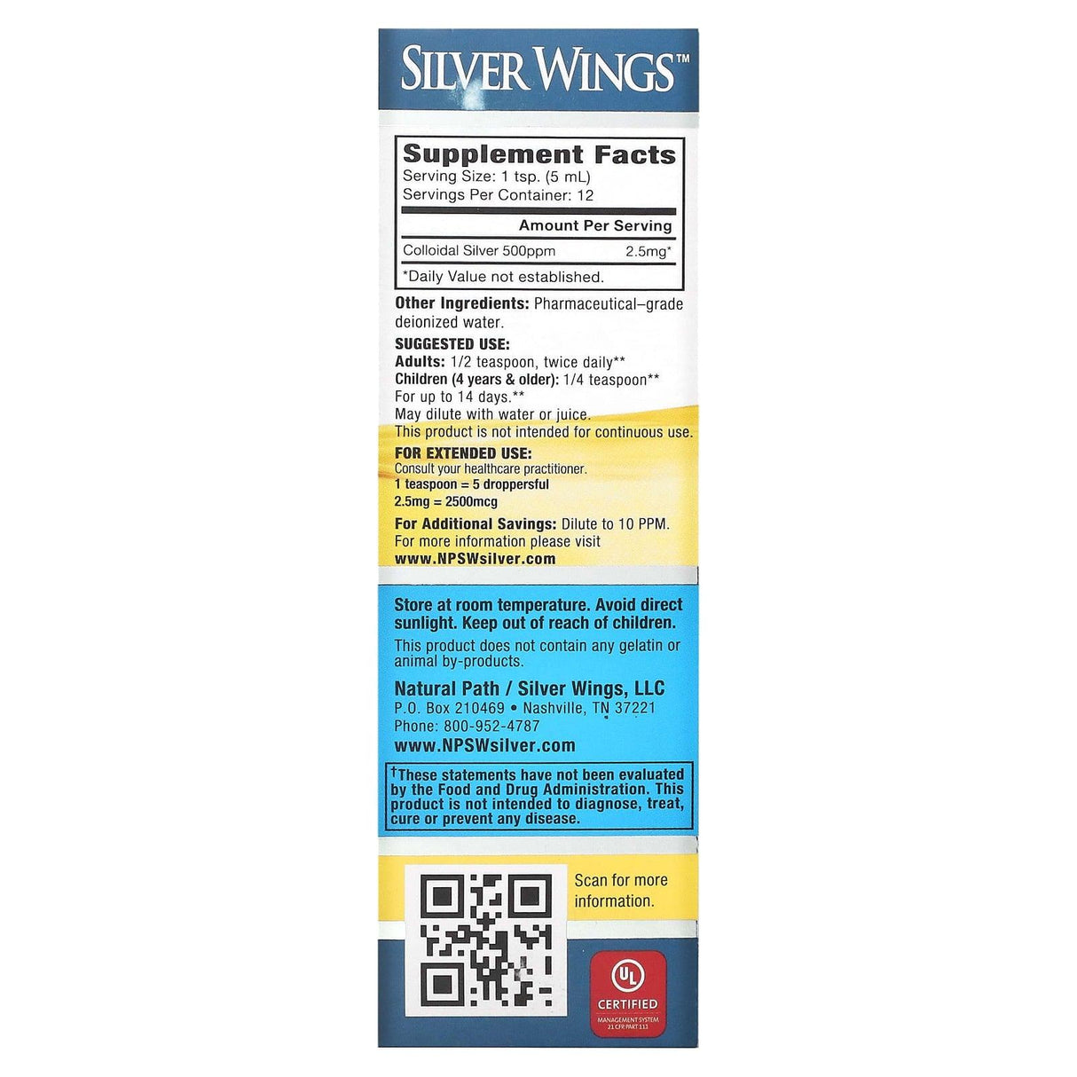 Natural Path Silver Wings, Colloidal Silver, 500 PPM, 2 fl oz (60 ml) - Supply Center USA