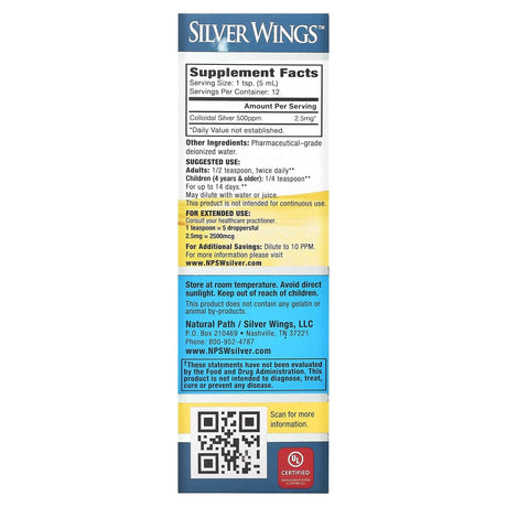 Natural Path Silver Wings, Colloidal Silver, 500 PPM, 2 fl oz (60 ml) - Supply Center USA