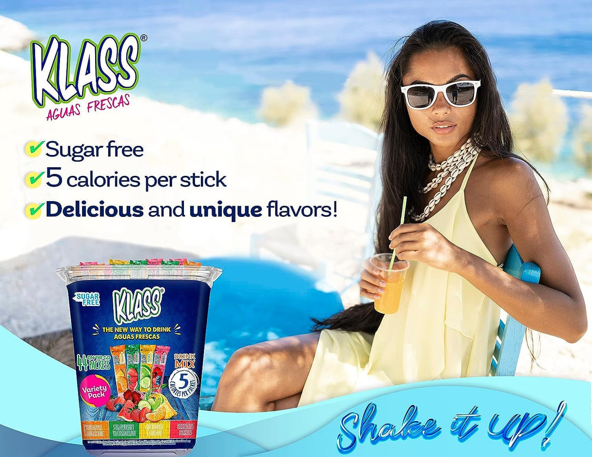 Klass Aguas Frescas Powdered Drink Mix | 44 Sugar Free Powder Packets | Flavors - Cucumber Limeade Pineapple Tangerine Strawberry Watermelon & Hibiscus Berries - Water Enhancer to Go!
