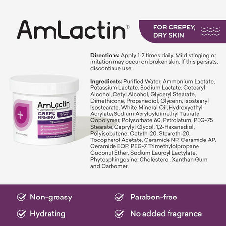 Amlactin Crepe Firming Cream - 12 Oz Body Cream with 15% Lactic Acid - Exfoliator and Moisturizer for Crepey, Dry Skin - Supply Center USA