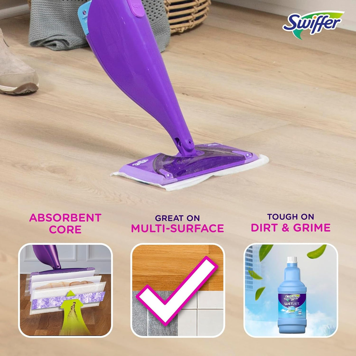 Swiffer Wetjet Hardwood Floor Cleaner Spray Mop Pad Refill, Bathroom Cleaning Supplies, Hardwood Floor Cleaner, Multi Surface, 24 Count