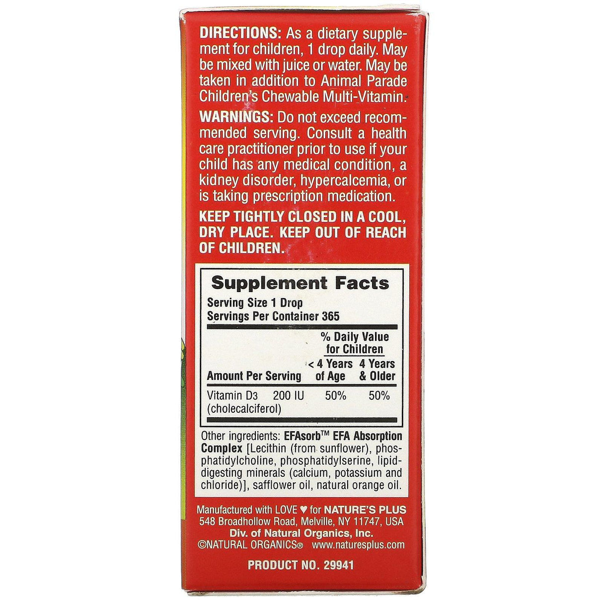 Nature's Plus, Source of Life, Animal Parade, Vitamin D3 Liquid Drops, Natural Orange Flavor, 200 IU, 0.34 fl oz (10 ml) - Supply Center USA