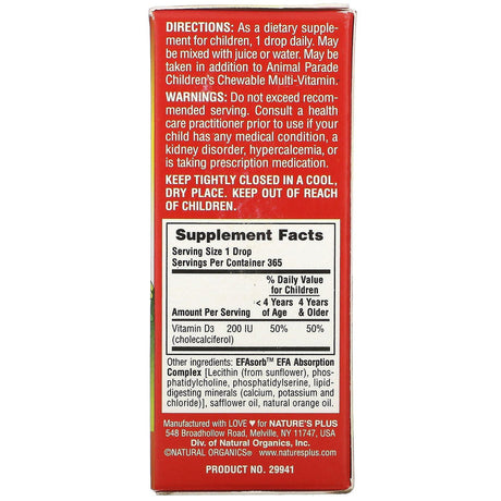 Nature's Plus, Source of Life, Animal Parade, Vitamin D3 Liquid Drops, Natural Orange Flavor, 200 IU, 0.34 fl oz (10 ml) - Supply Center USA