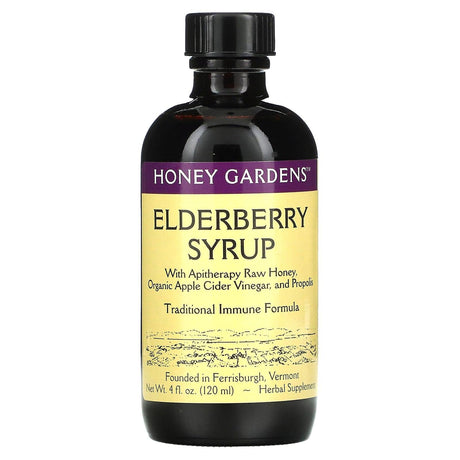 Honey Gardens, Elderberry Syrup with Apitherapy Raw Honey, Organic Apple Cider Vinegar and Propolis, 8 fl oz (240 ml) - Supply Center USA