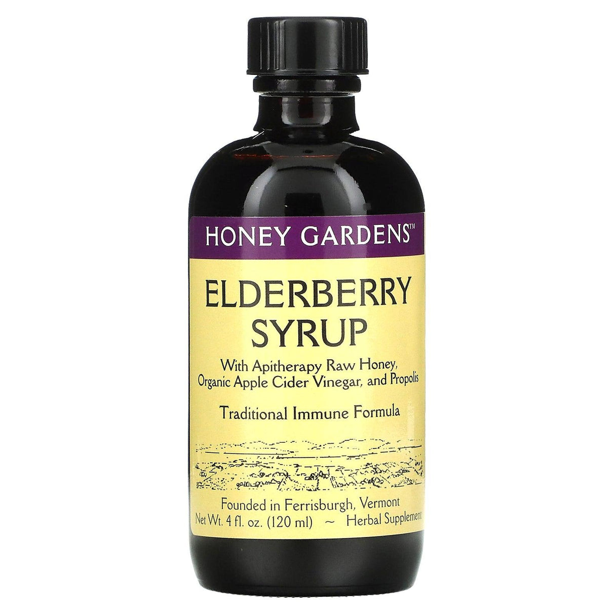 Honey Gardens, Elderberry Syrup with Apitherapy Raw Honey, Organic Apple Cider Vinegar, and Propolis , 4 fl oz (120 ml) - Supply Center USA