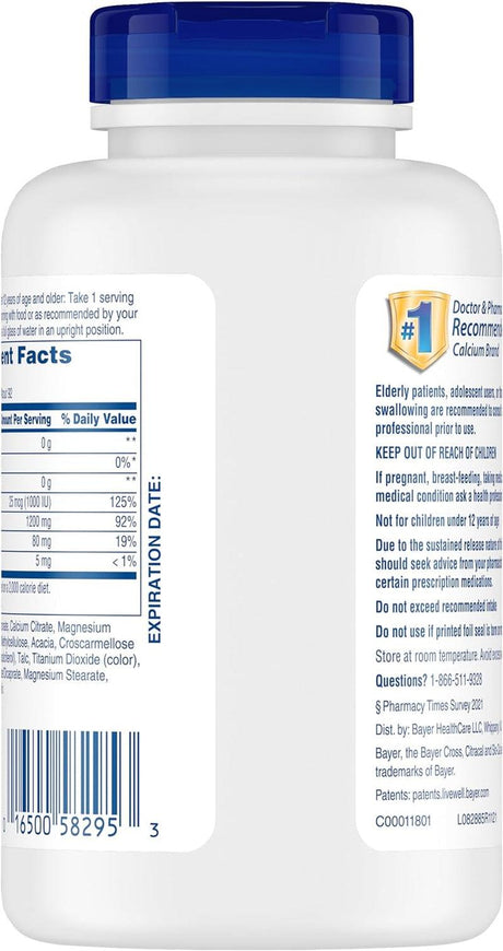 Citracal Slow Release 1200, 1200 Mg Calcium Citrate and Calcium Carbonate Blend with 1000 IU Vitamin D3, Bone Health Supplement for Adults, Once Daily Caplets, 185 Count - Supply Center USA