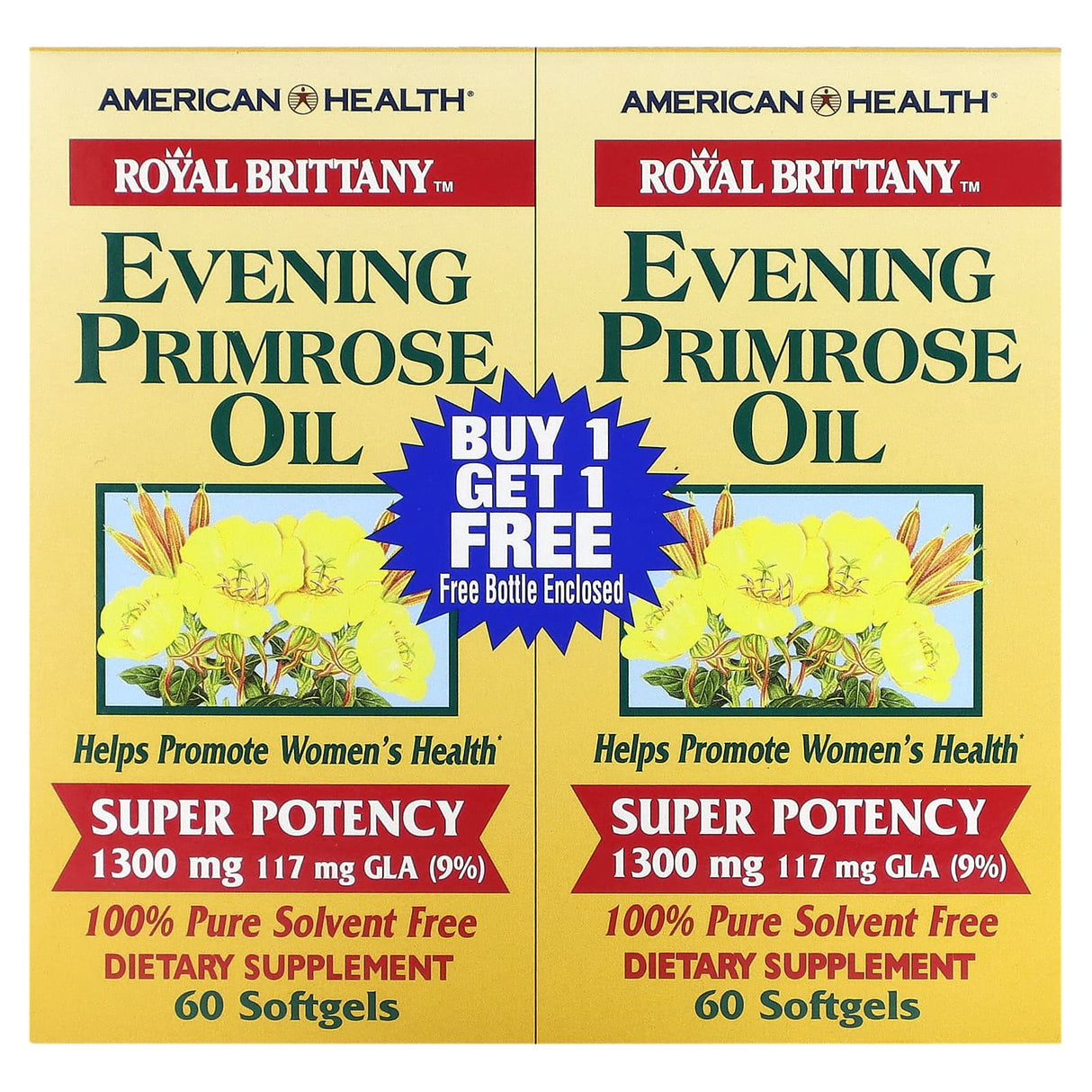American Health, Royal Brittany, Evening Primrose Oil, 1300 mg, 2 Bottles, 60 Softgels Each