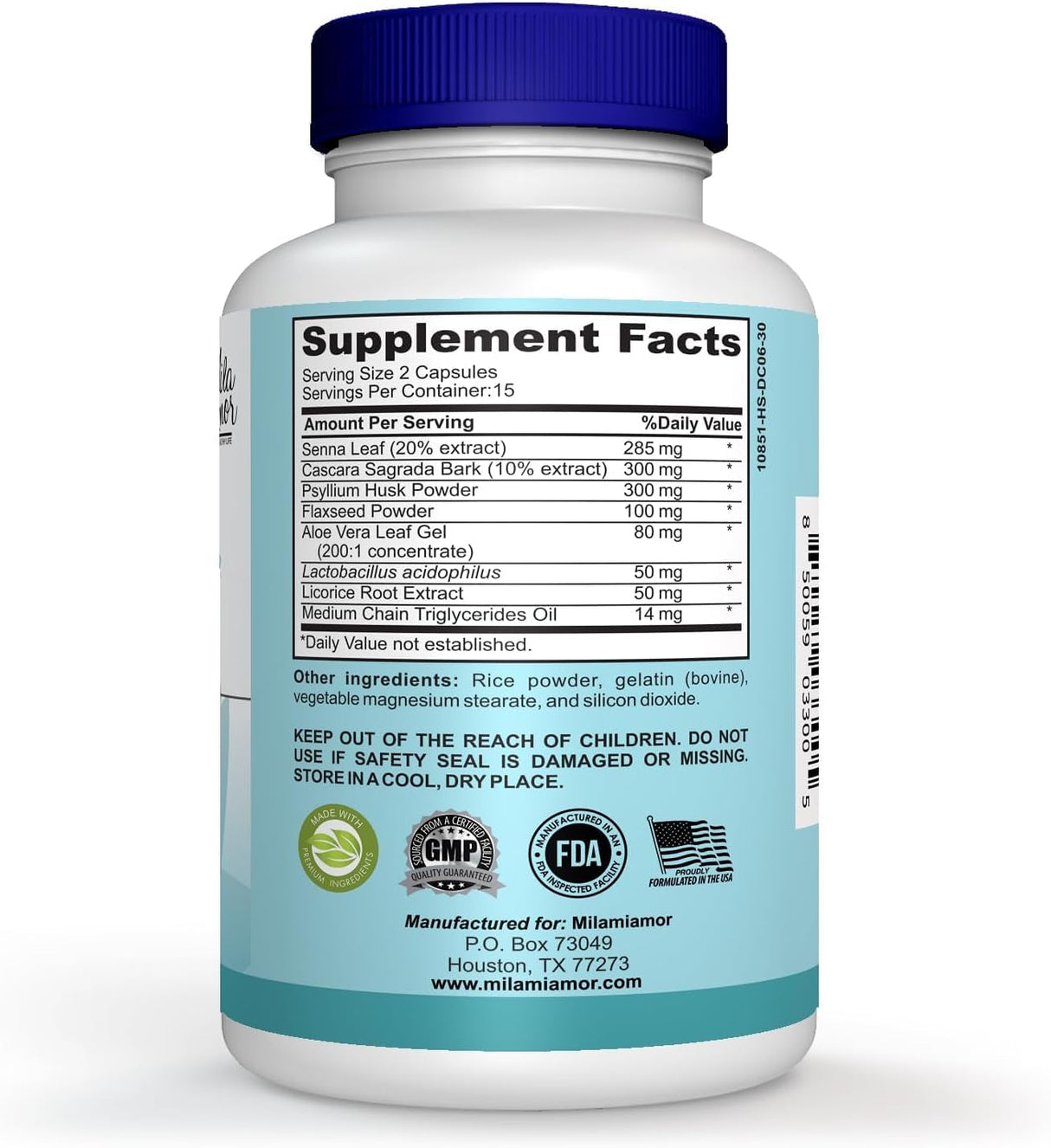 Milamiamor 15 Day Cleanse - Gut and Colon Support - Advanced Gut Cleanse Detox for Women & Men with Senna, Cascara Sagrada & Psyllium Husk - Non-Gmo - Made in USA - 30 Capsules