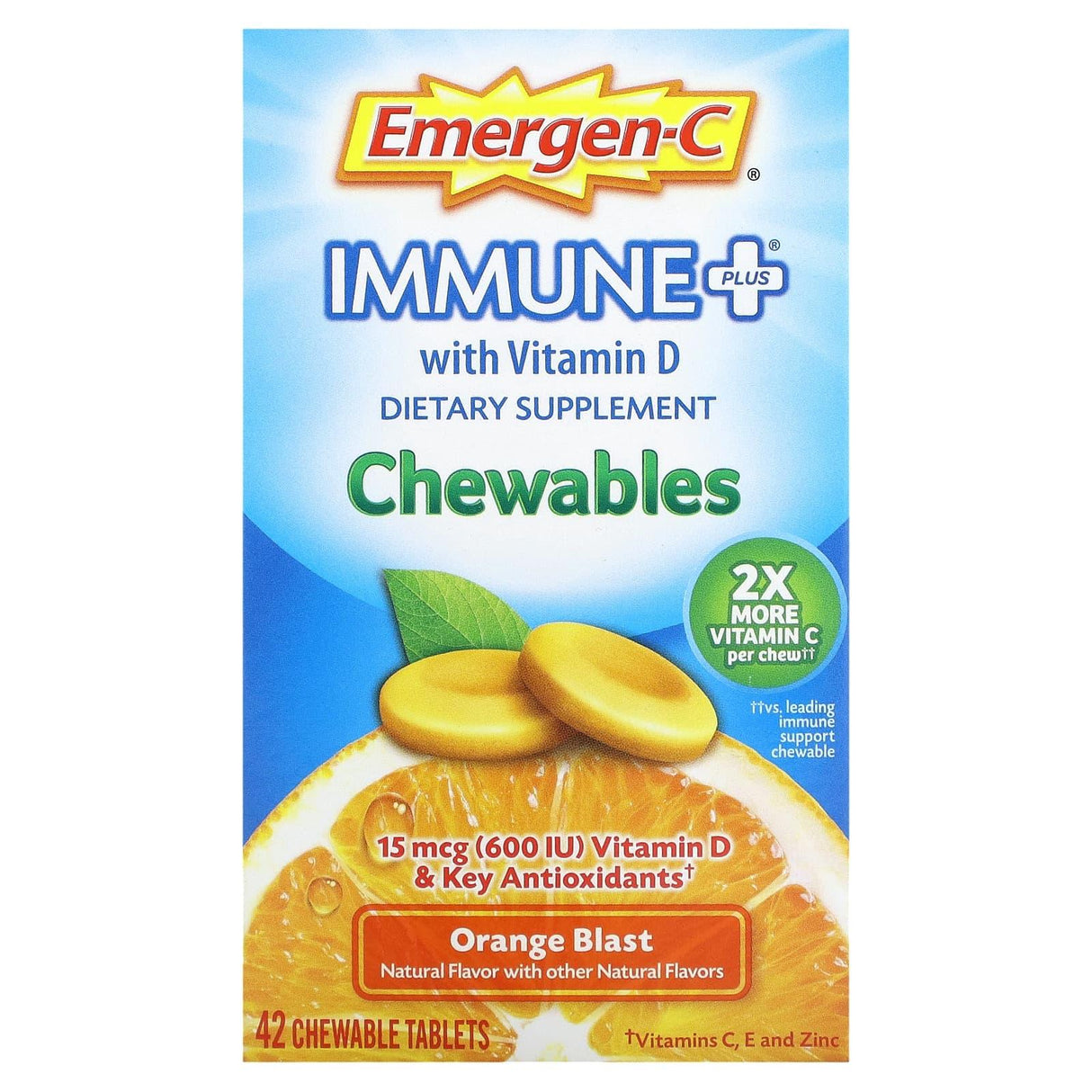 Emergen-C, Immune Plus With Vitamin D, Orange Blast, 42 Chewable Tablets - Supply Center USA