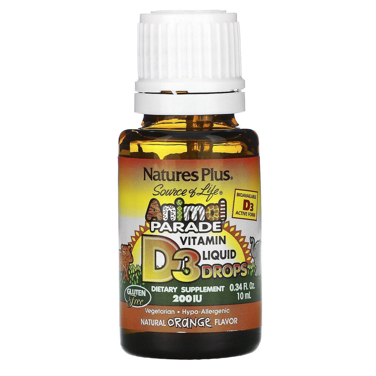 Nature's Plus, Source of Life, Animal Parade, Vitamin D3 Liquid Drops, Natural Orange Flavor, 200 IU, 0.34 fl oz (10 ml) - Supply Center USA