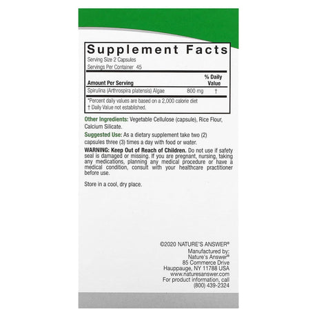 Nature's Answer, Spirulina, 400 mg, 90 Vegetarian Capsules - Supply Center USA