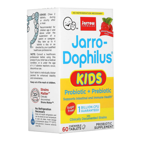 Jarrow Formulas, Jarro-Dophilus Kids, Probiotic + Prebiotic, Sugar Free, Natural Raspberry , 1 Billion CFU, 60 Chewable Tablets - Supply Center USA