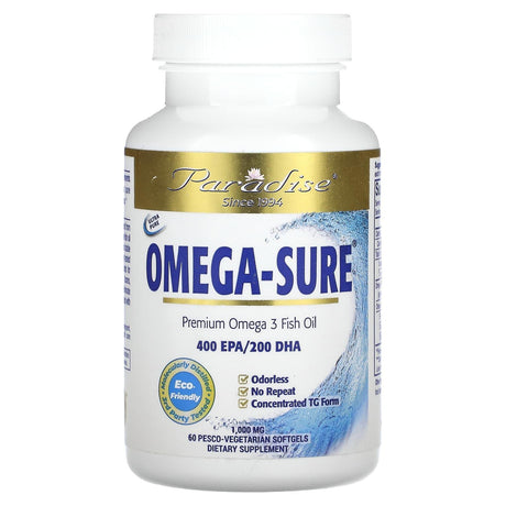 Paradise Herbs, Omega Sure, Premium Omega-3 Fish Oil, 1,000 mg, 60 Pesco Vegetarian Softgels - Supply Center USA