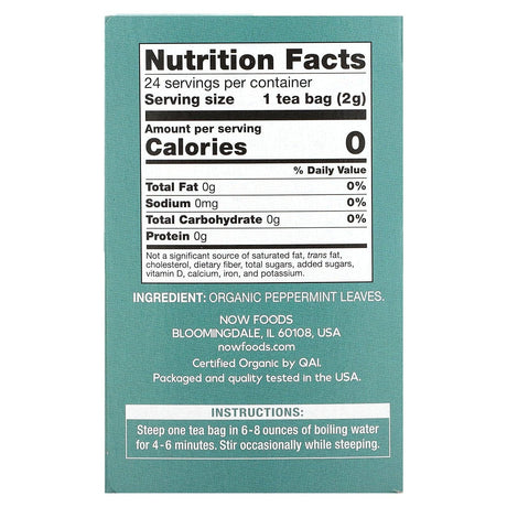 NOW Foods, Organic Peppermint Tea, Caffeine Free, 24 Tea Bags, 1.7 oz (48 g) - Supply Center USA