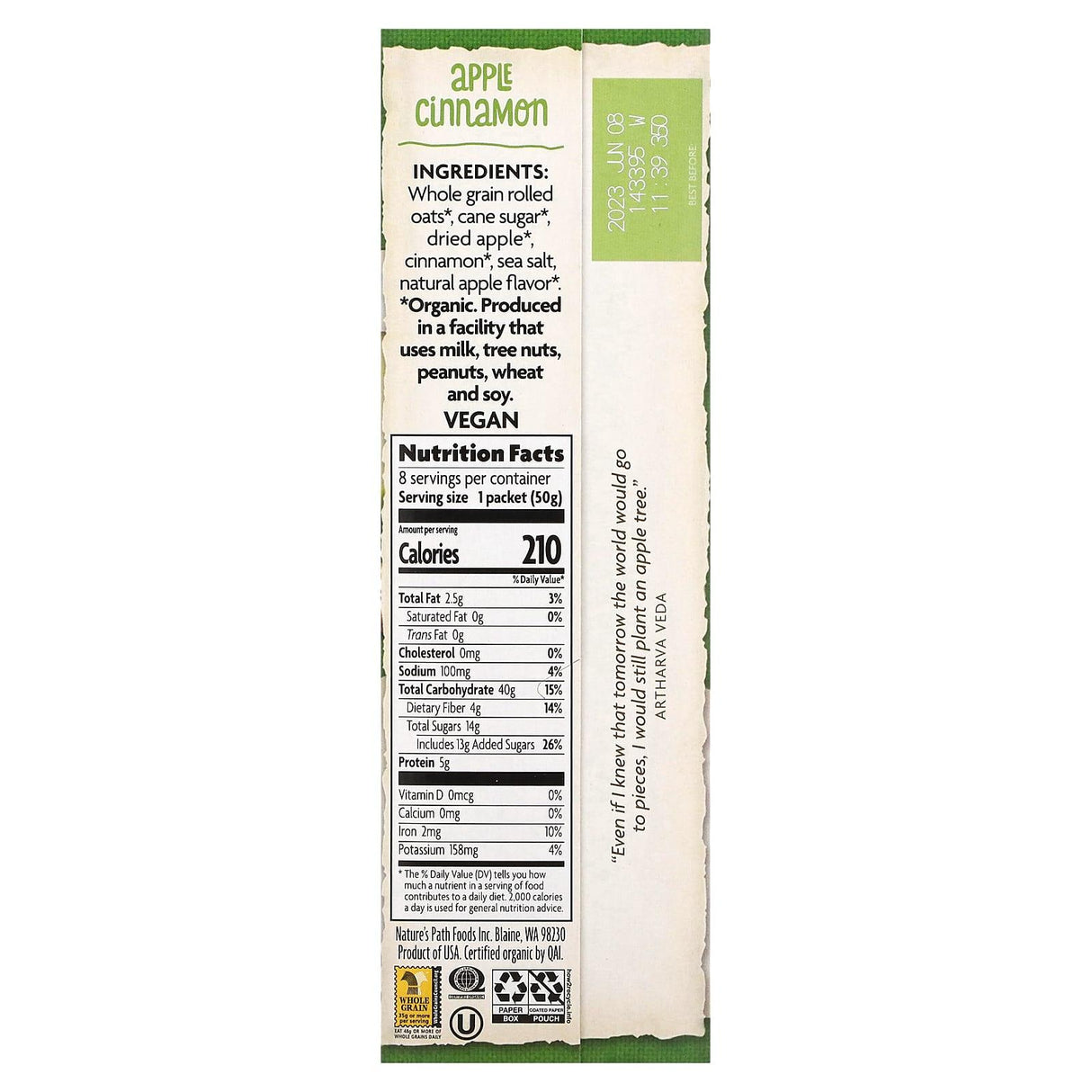 Nature's Path, Organic Instant Oatmeal, Apple Cinnamon, 8 Packets, 14 oz (400 g) - Supply Center USA