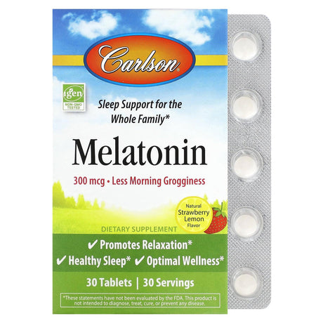 Carlson, Melatonin, Natural Strawberry Lemon, 300 mcg, 30 Tablets - Supply Center USA