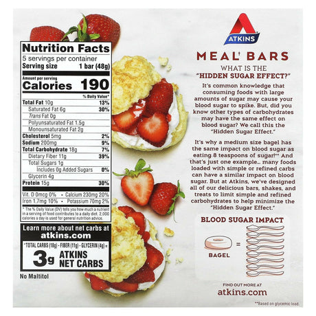 Atkins, Protein Meal Bar, Strawberry Shortcake Bar, 5 Bars, 1.69 oz (48 g) Each - Supply Center USA