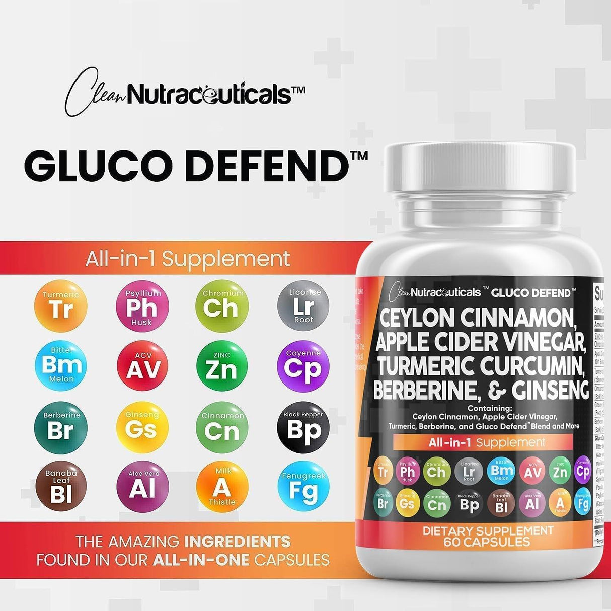 Clean Nutraceuticals Ceylon Cinnamon 3000Mg Turmeric 3000Mg Apple Cider Vinegar 3000Mg Ginseng 2000Mg Berberine 1200Mg plus Bitter Melon Gymnema Milk Thistle Fenugreek - Supply Center USA