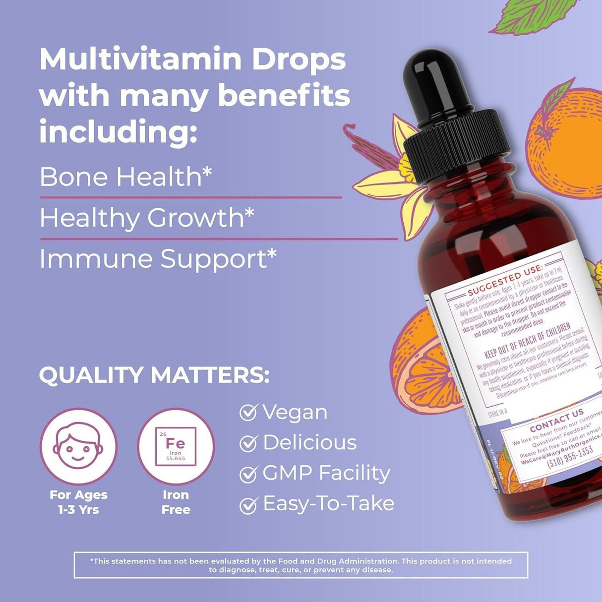 Maryruth Organics Kids Multivitamin for Toddlers | USDA Organic | Toddler Vitamins Liquid Drops for Kids Ages 1-3 | Immune Support & Overall Wellness | Vegan | Non-Gmo | Gluten Free | 2 Fl Oz - Supply Center USA