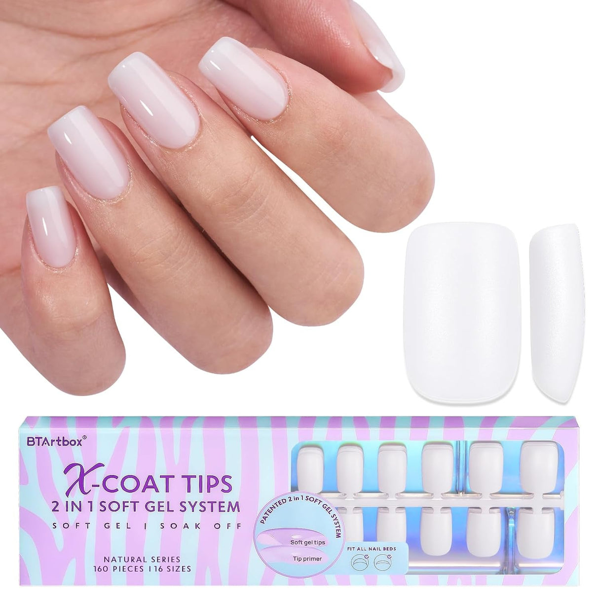 Btartboxnails XS Short Square Gel Nail Tips - Pre Colored Milky White Soft Gel Nail Tips, Milky White Press on Nails, Natural XCOATTIPS Pre Applied Tip Primer