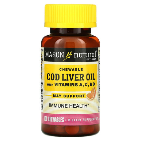 Mason Natural, Chewable Cod Liver Oil with Vitamins A, C, & D, Orange, 100 Chewables - Supply Center USA