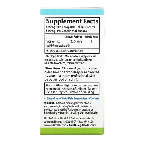 Carlson Labs, Kid's, Super Daily K2, 22.5 mcg, 0.34 fl oz (10.16 ml) - Supply Center USA