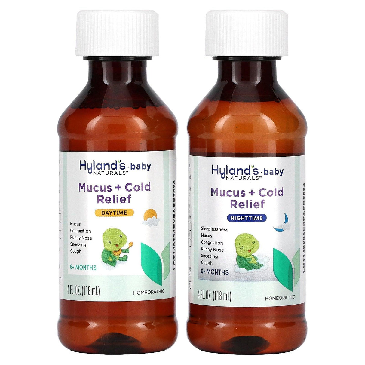 Hyland's Naturals, Baby, Mucus + Cold Relief Combo Pack, Daytime/Nighttime, 6+ Months, 2 Bottles, 4 fl oz (118 ml) Each - Supply Center USA