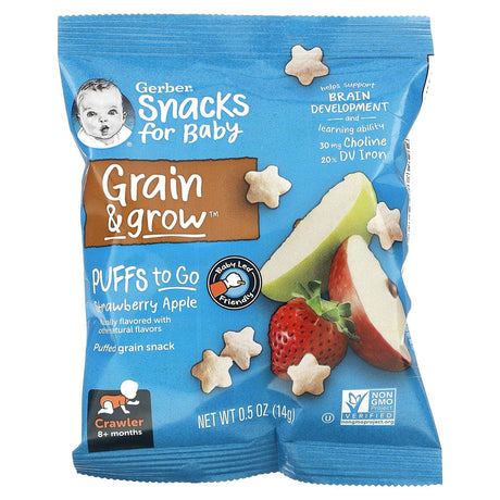 Gerber, Snacks for Baby, Grain & Grow, Puffs to Go, 8+ Months, Strawberry Apple, 12 Snack Packs, 0.5 oz (14 g) Each - Supply Center USA