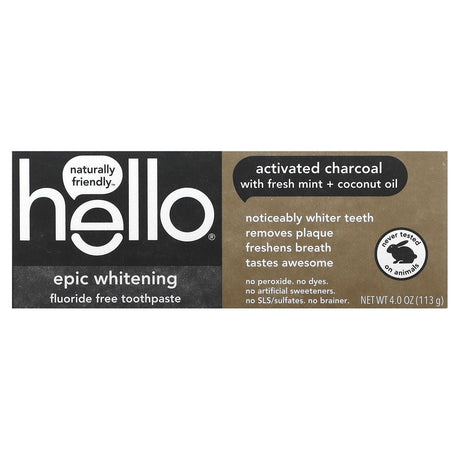 Hello, Epic Whitening Fluoride Free Toothpaste, Activated Charcoal, With Fresh Mint & Coconut Oil, 4 oz (113 g) - Supply Center USA