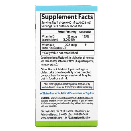 Carlson, Kid's, Super Daily D3+K2, 25 mcg (1,000 IU) & 22.5 mcg, 0.34 fl oz (10.16 ml) - Supply Center USA