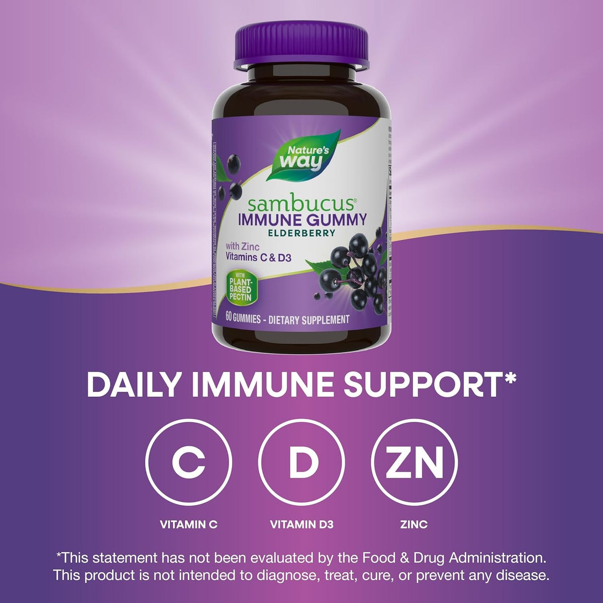 Nature’S Way Sambucus Elderberry Immune Gummies, Daily Immune Support for Kids and Adults*, with Vitamin C, Vitamin D3, Zinc, Gluten Free, Vegetarian, 60 Gummies (Packaging May Vary)