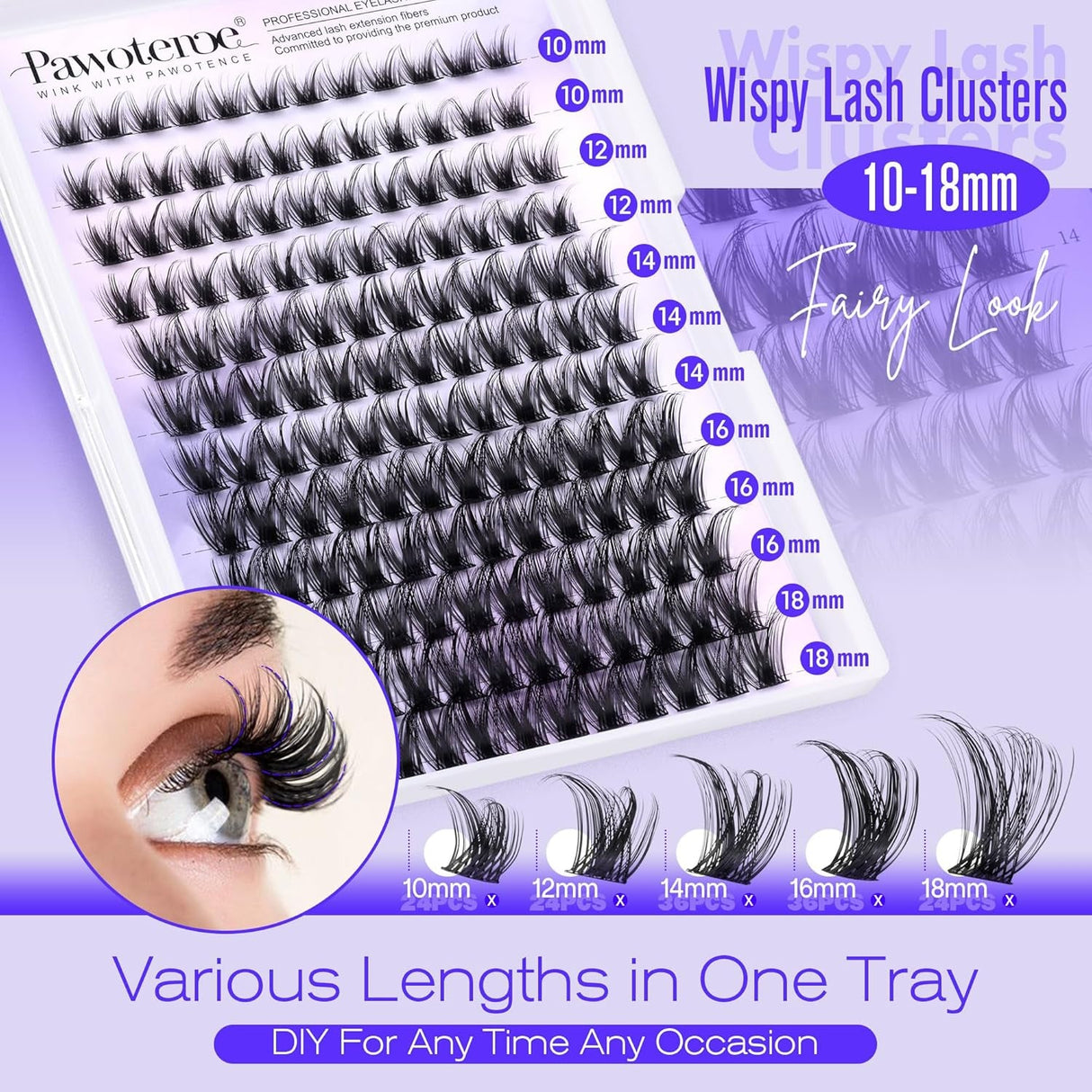Pawotence Lash Clusters Wispy Cluster Eyelash Extensions 144Pcs Individual Lashes 10-18Mm Lash Extension DIY False Eyelashes Soft Comfortable Eyelash Clusters with Thin Band