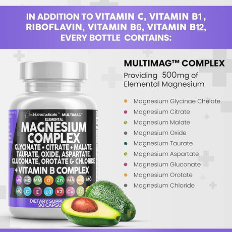 Magnesium Complex 2285Mg with Magnesium Glycinate Citrate Malate Oxide Taurate Aspartate Gluconate Orotate & Mag Chloride, Zinc Copper Manganese & Vitamin C B1 B2 B6 B12 Complex - 90 Count - Supply Center USA