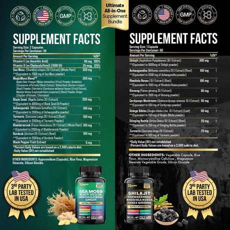 Dynamic Vitality Bundle - Sea Moss 7000Mg, Black Seed Oil 4000Mg, Ashwagandha 2000Mg, Ginger & Shilajit 9000Mg, Rhodiola Rosea 1000Mg, Panax Ginseng 1500Mg, All in 1 Supplements (60 Count) - Supply Center USA