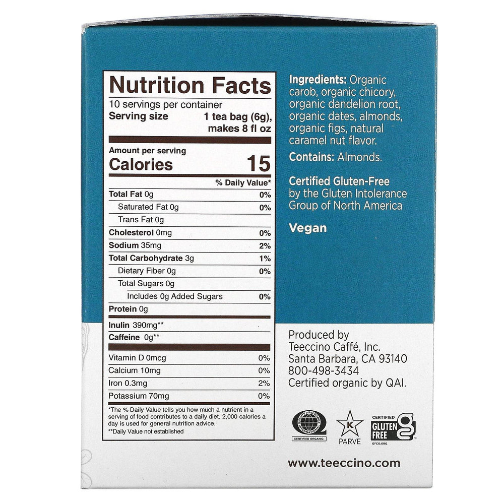 Teeccino, Roasted Herbal Tea, Dandelion Caramel Nut, Caffeine Free, 10 Tea Bags, 2.12 oz (60 g) - HealthCentralUSA