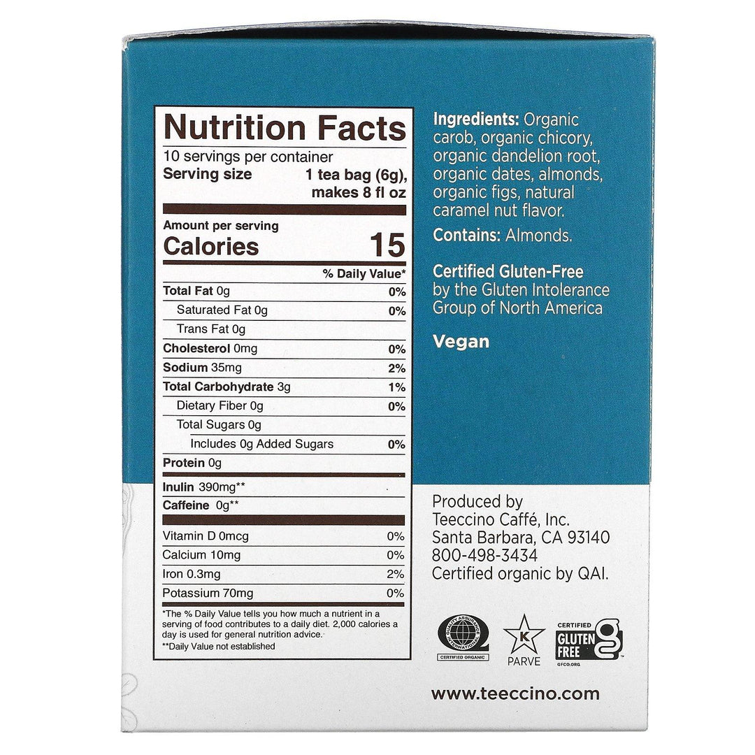 Teeccino, Roasted Herbal Tea, Dandelion Caramel Nut, Caffeine Free, 10 Tea Bags, 2.12 oz (60 g) - HealthCentralUSA