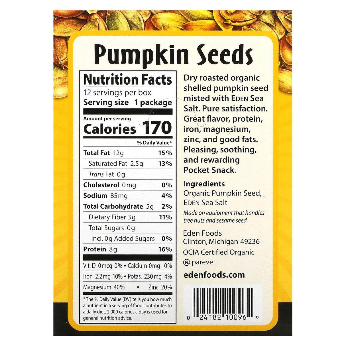 Eden Foods, Pocket Snacks, Organic Pumpkin Seeds, Dry Roasted, 12 Packages, 1 oz (28.3 g) Each - Supply Center USA