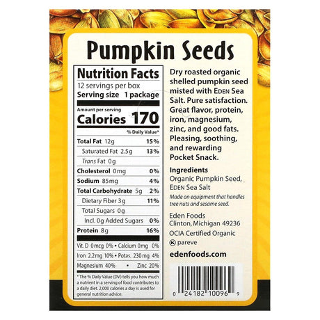 Eden Foods, Pocket Snacks, Organic Pumpkin Seeds, Dry Roasted, 12 Packages, 1 oz (28.3 g) Each - Supply Center USA